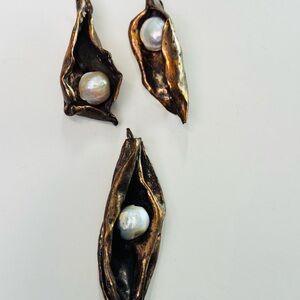 Artisan Copper & Pearl Pod Earrings + Pendant | Signed JB